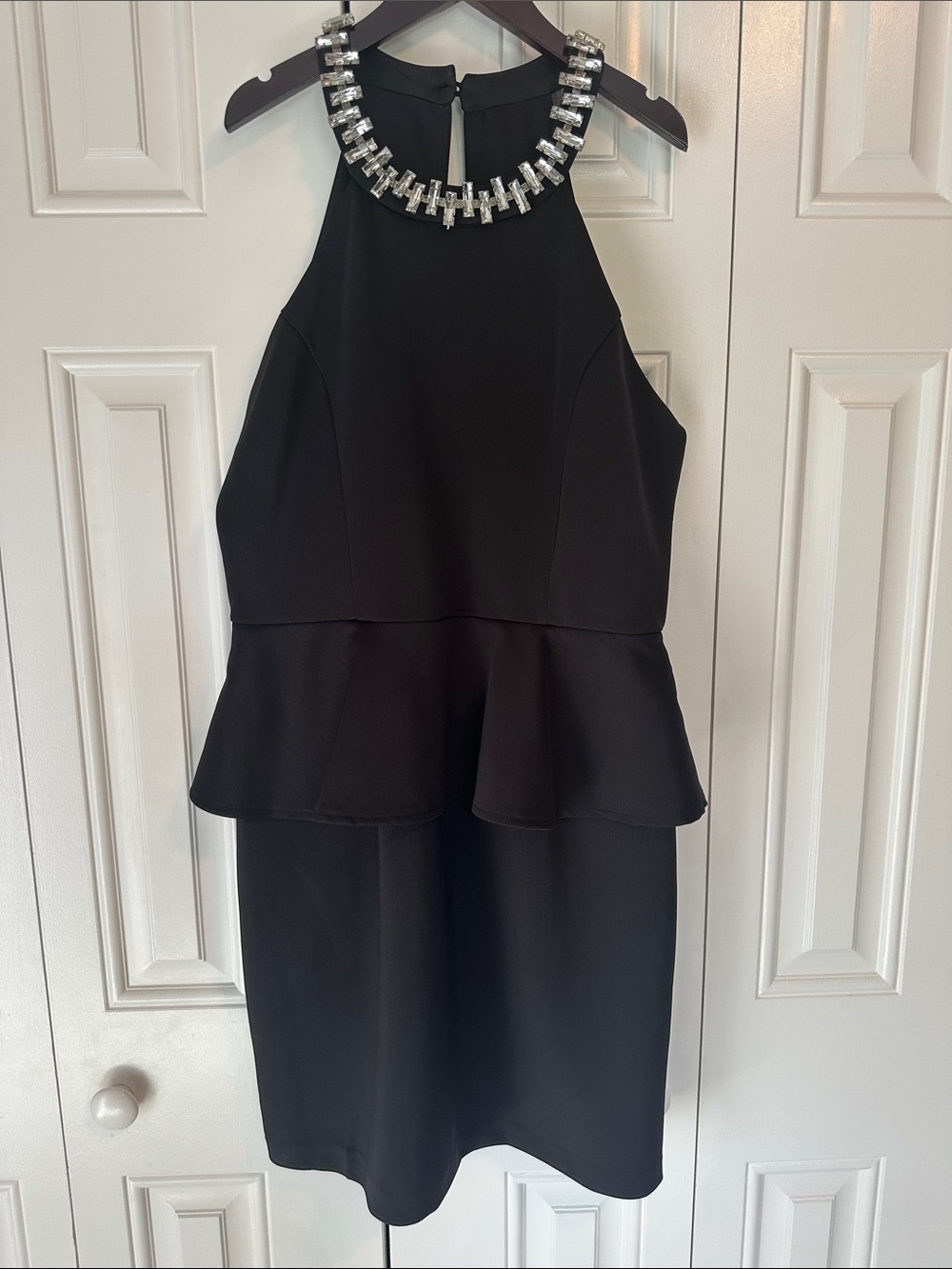 Bisou Bisou Black Midi Peplum Dress with Jeweled Collar Accent